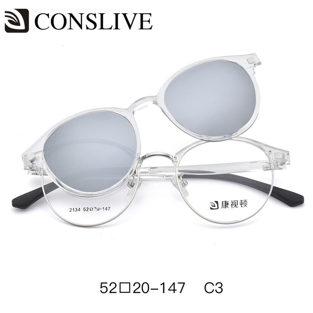 2 in 1 Eyeglasses with Clip on Sunglasses Women Glasses with Magnetic Sunglasses Round Glasses with Lenses 2134: C3
