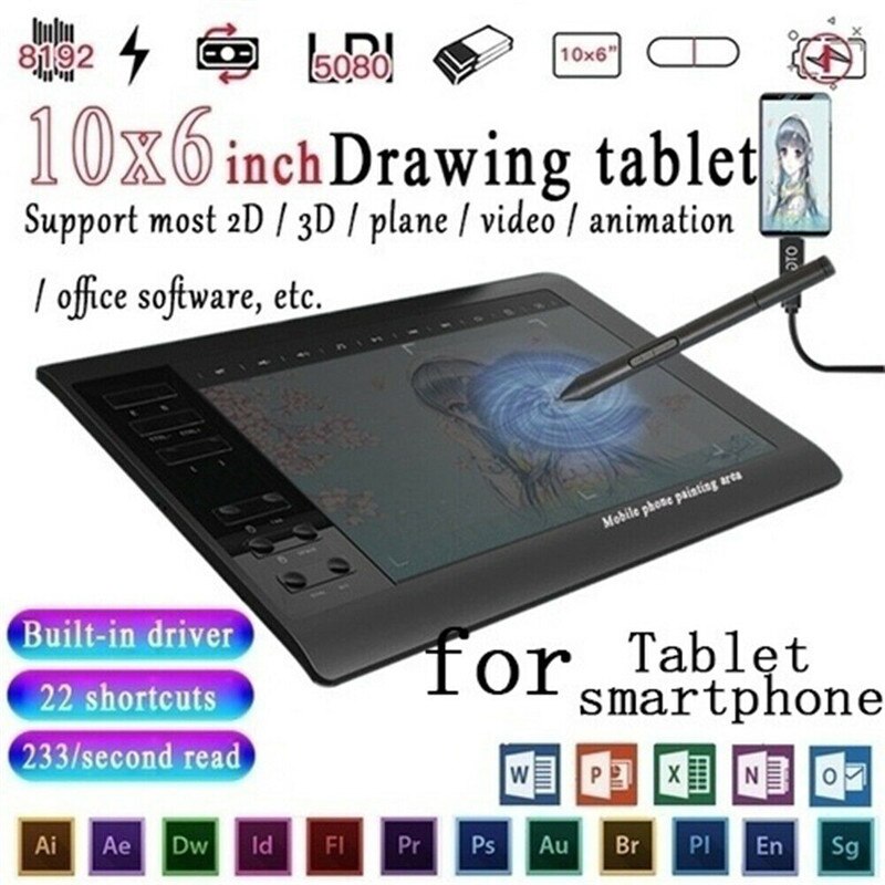 10x6&quot; Graphics Drawing Tablet 12 Express Keys 8192 Levels Battery-Free Stylus/30pcs Pen Refill Support PC/Laptop