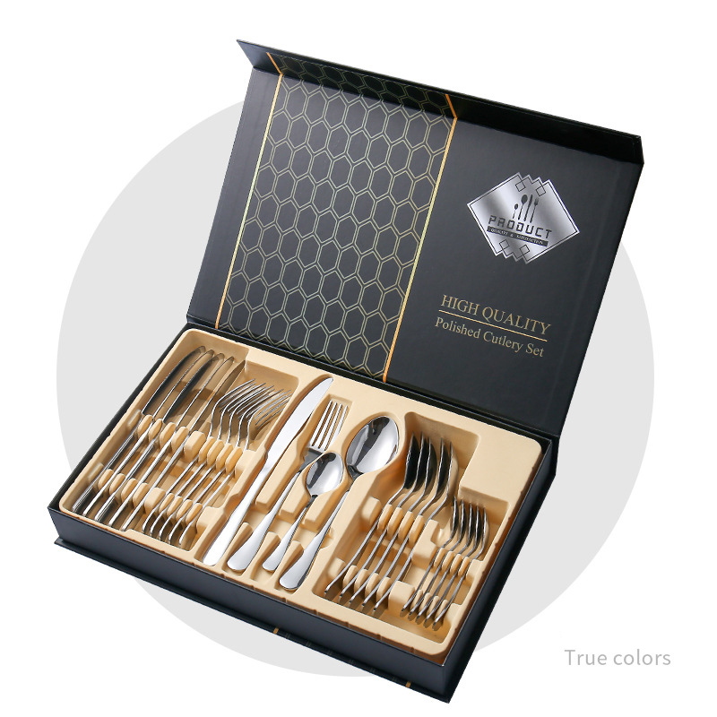 24 PCS Black Western Stainless Steel Dinnerware Cutlery Set Fork Knife Spoon Flatware Silverware Set Tableware Set: Silver