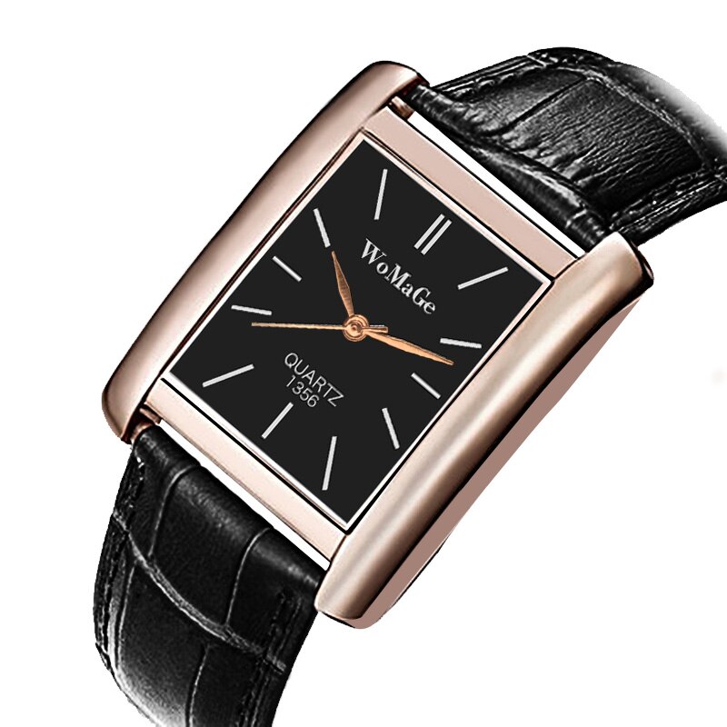 Womage kvinders ure top brand luksus damer ur kvinder ure læderrem kvinders rektangel ur ur reloj mujer: Sort 3
