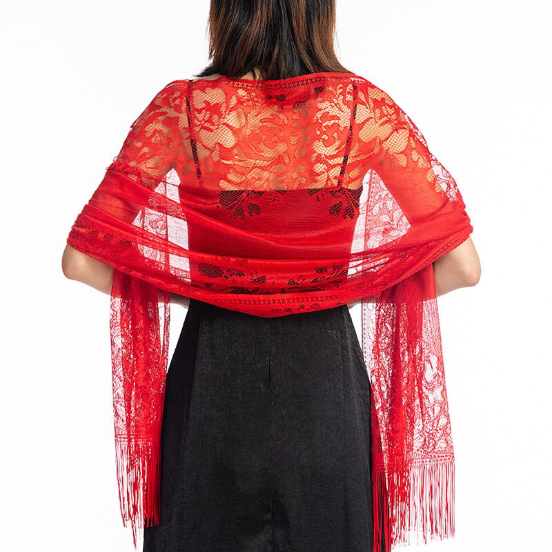 Kanten Sjaal Bruid En Bruidsmeisje Vrouwen Sjaal Wraps Party Holle-out Gehaakte Bloemen Tassel Tulle Sjaals Dames Retro Shawl: Rood