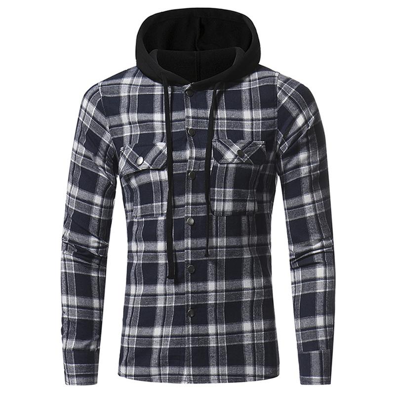Mens Flanel Plaid Dubbele Zakken Hooded Shirt Casual Leisure Gecontroleerd Patroon Longsleeved Overhemd: Grijs / XL