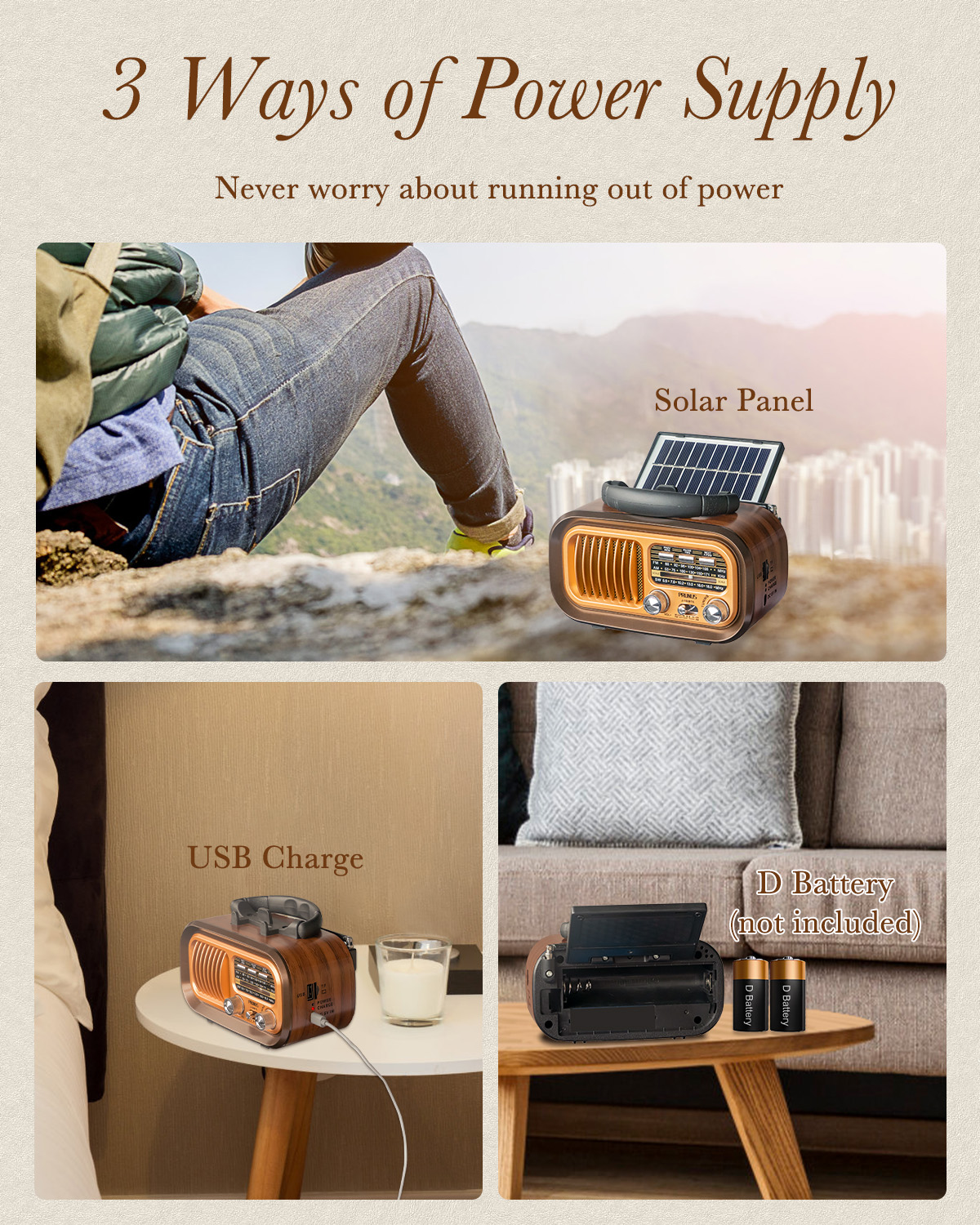 Multifunktions-Bluetooth-Lautsprecher Retro-Radio FM AM SW Tragbare Radios Solarmodule Wiederaufladbares Kurzwellenradio Subwoofer Audio