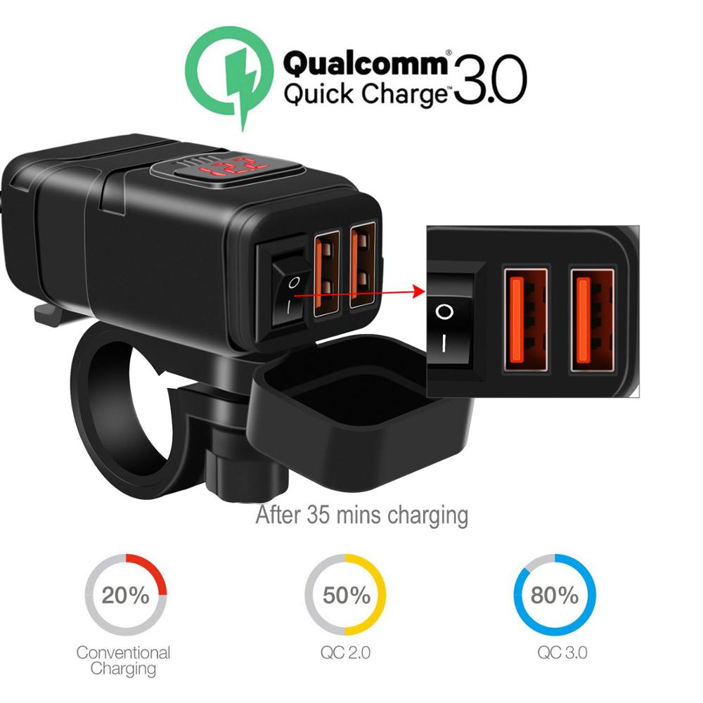 Adaptateur de mer à USB 12V avec interrupteur de voltmètre de moto, prise de déconnexion rapide avec chargeur étanche double USB QC3.0