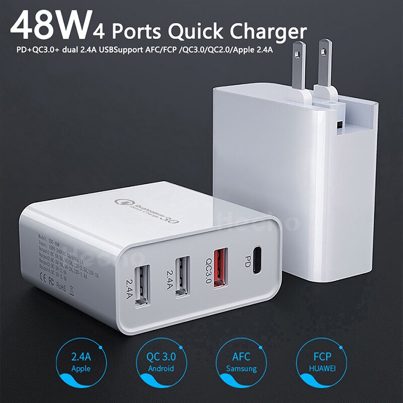 48W Quick Charger USB Type C PD Charger For iPhone 11 iPad Pro QC 3.0 Fast Charging for Samsung Wall US EU AU UK Plug Adapter