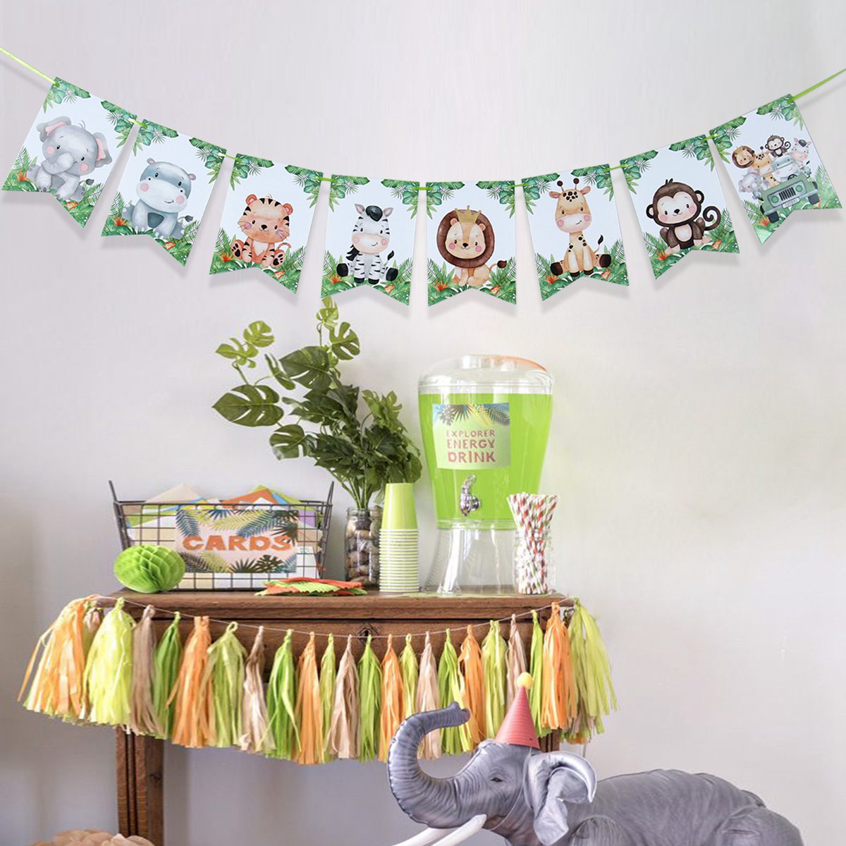 Jungle Party Backdrop Garland Zoo Safari Theme Lion Monkey Dinosaur Animal Bunting Garland Kids Birthday Decor Paper Banner