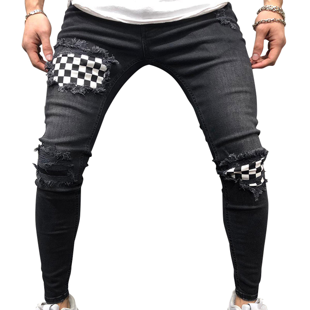 Männer Hüfte hüpfen Zerrissene Jeans Dünne Radfahrer Stickerei Jeans Zerstört See Denim Schlauch Männer Jeans Hosen: Schwarz / M