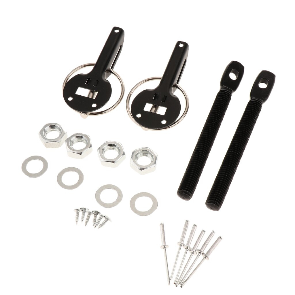 Universal Aluminum Car Bonnet Hood Pin Pins Key Lock Latch Catch Locking Fasten Kit Set (Black)