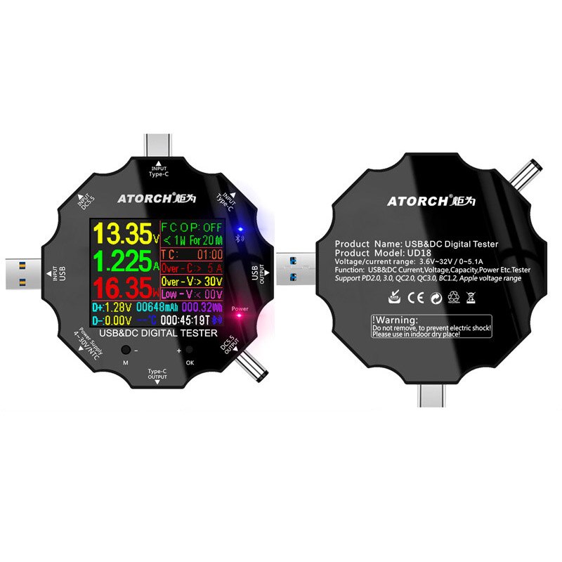 DC5.5 Type-C Usb Tester Digitale Voltmeter Ampèremeter Display Volt Amp Power Bank Meter Iphone E-Test App: UD18