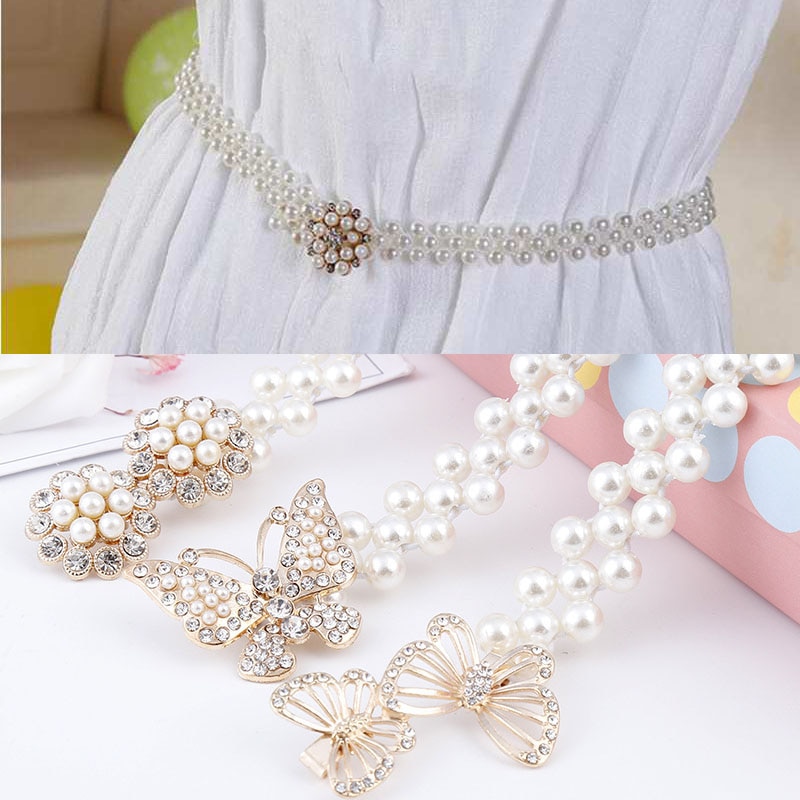 Volledige Parel Taille Ketting Mode Dames Kralen Elastische Riem Voor Vrouwen Jurk Strass Elastische Gordel Boog Bloemen Gesp Tailleband