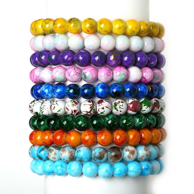 1pc/ loten 8mm veelkleurige patronen glazen kralen armband voor vrouwen en mannen beste firend sieraden 19cm/- snarige