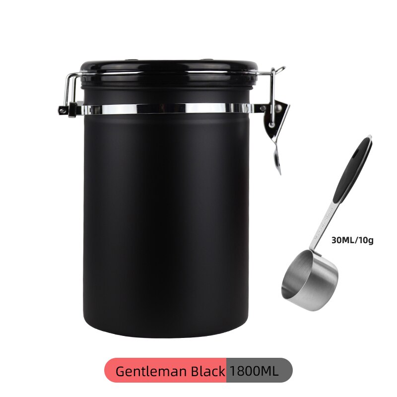 Stainless Steel Coffee Bean Sealed Tank Coffee Storage Tank With Exhaust Valve Dried Fruit Sealed Box Black 800Ml: Black 1800ML