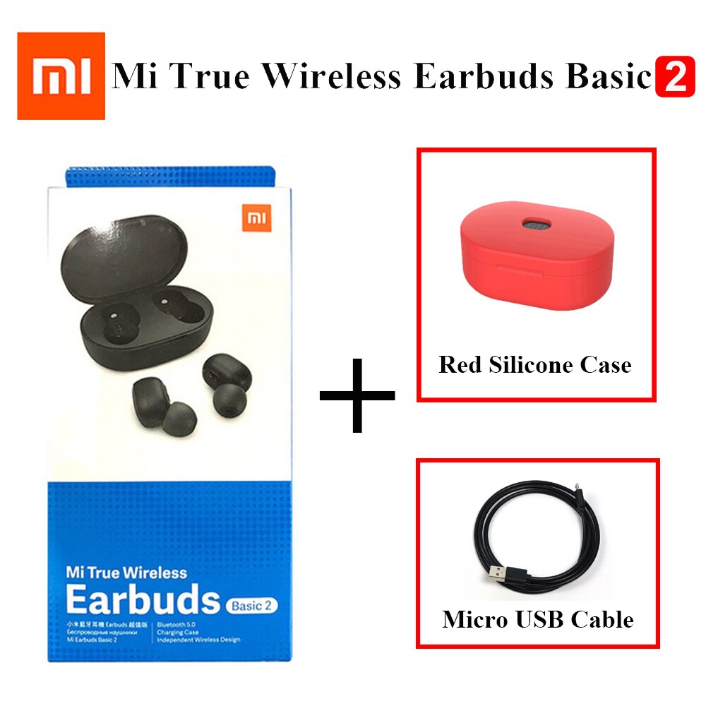 Xiaomi-auriculares Airdots 2 TWS versión Global, auriculares inalámbricos originales con Bluetooth 5,0, auriculares estéreo Mi True Wireless 2, TWSEJ061LS: Add USB Red Case