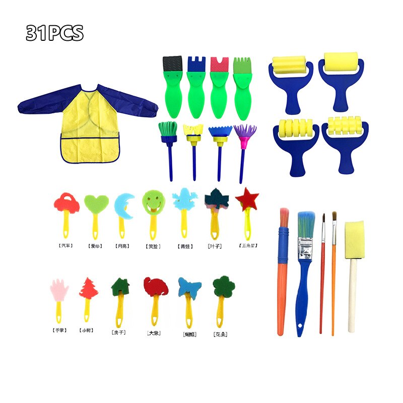 DIY Children Painting Foam Sponge Brush Apron Moulds Tools Kit Kids Early Art Education Learning Drawing Graffito Tools: 31pcs toys gift