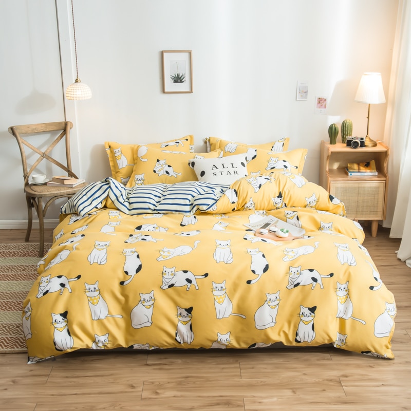 Tecknad katt sängkläder set  ,220 x 240 påslakan örngott 3 st, king queen full enkel storlek påslakan ,135 x 200 barn sängöverdrag