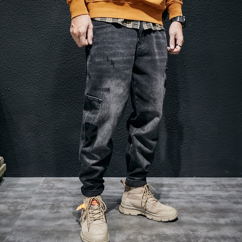 strada la moda jeans strappati uomo retrò nero grigio allentato in forma elastico casuale pantaloni carico in denim pantaloni anca-salto tasca larga pantaloni larghi