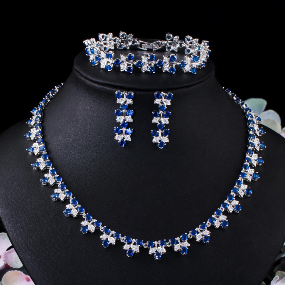 CWWZircons Luxury Dubai Nigeria Green CZ Crystal Wedding Prom Necklace Jewelry Set for Brides Party Costume Accessories T477: blue