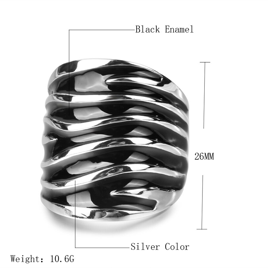 Kinel Unique Punk Rock Black Enamel Big Ring Wave Pattern Silver Color Women Jewelry