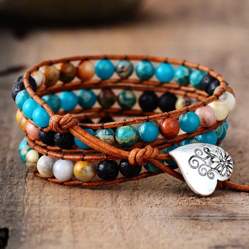 Bracelets Bangles Women 6MM Natural Stone Lava Beads 3 Strands Wrap Bracelets Multilayer Boho Leather Bracelet: Tan