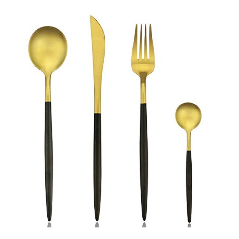 Lyxiga 4 -delade mattsvarta handtag och bestickset i guld i rostfritt stål, inklusive knivgaffelsked: 4 st bestickset