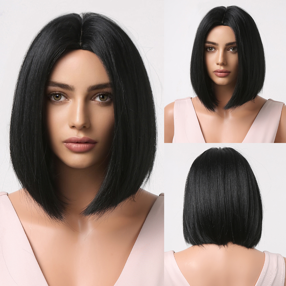 HENRY MARGU Bob perruques synthétiques courtes droites avec frange perruques de cheveux noirs pour les femmes perruques de fête Cosplay quotidiennes résistantes à la chaleur: 4/27HL