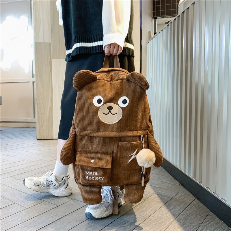 Japansk corduroy bear ryggsekker for søte kvinner flerlommer skolesekker stor kapasitet ryggsekk teenger jenter skolesekk kvinne