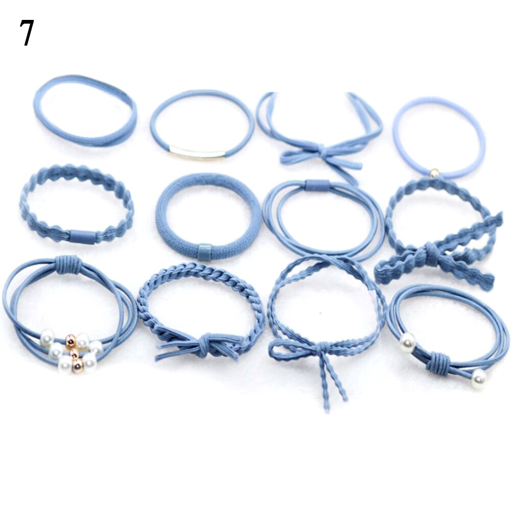 12Ps/Set Elastic Hair Bands For Hair Tie Blue Pink Women Girls Korean Flower Pearl Hair Bands Ponytail Holder Hair Accessories