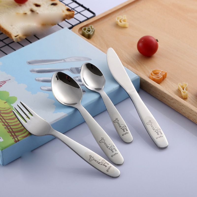 4PCS/pack 304 Stainless Steel Kids Cutlery Cartoon Pattern Carving Children Tableware Western-style Spoon Fork Set Baby Flatware