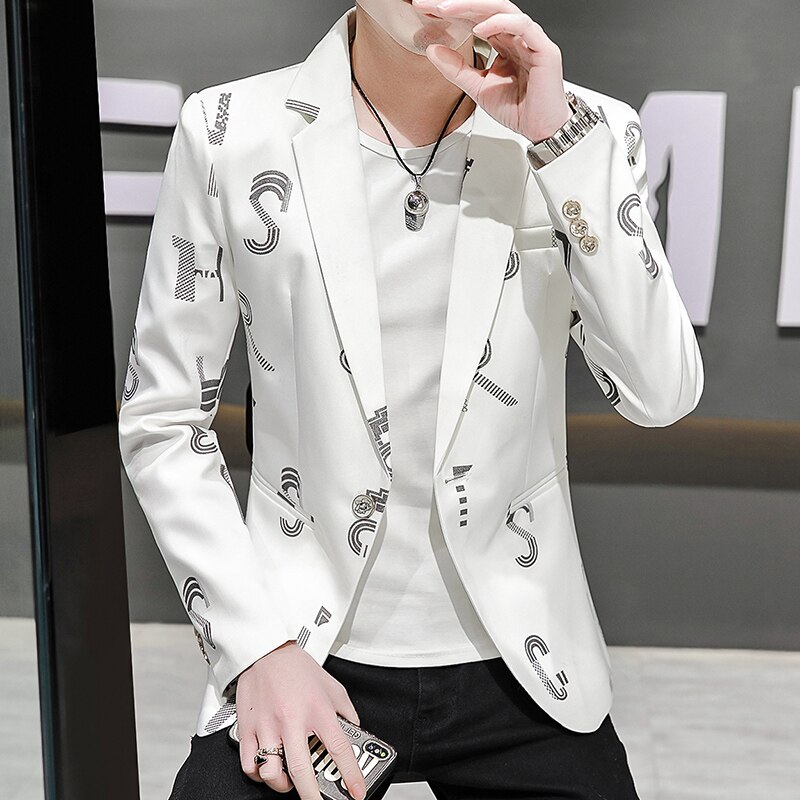 Korean Slim Men Blazers Casual Suit Jacket Autumn Street Wear Social Men Clothing Wedding Business Printing Dress Coat 3XL