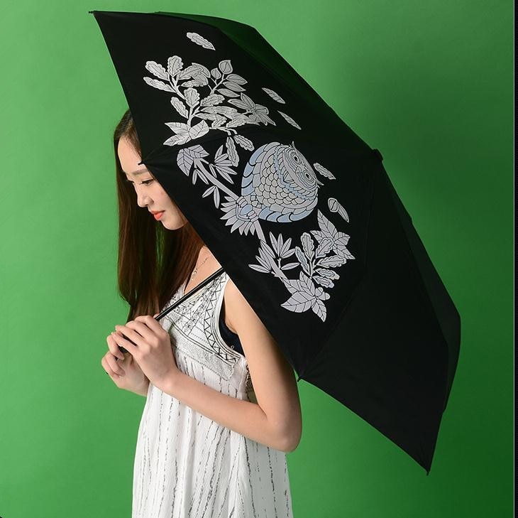 Paraguas plegable con forma de búho para amantes, sombrilla de tres pliegues con protección UV, cambio de Color mágico y bolsillo para agua
