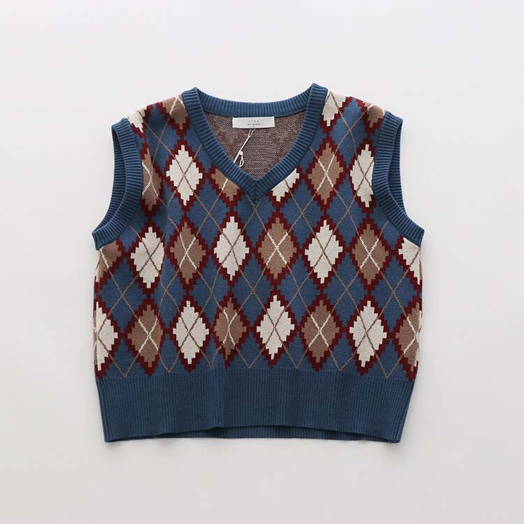 Chaleco de punto de estilo pijo para mujer, suéter de rombos sin mangas a cuadros, prendas de vestir cortas, Top holgado informal con cuello en V: blue