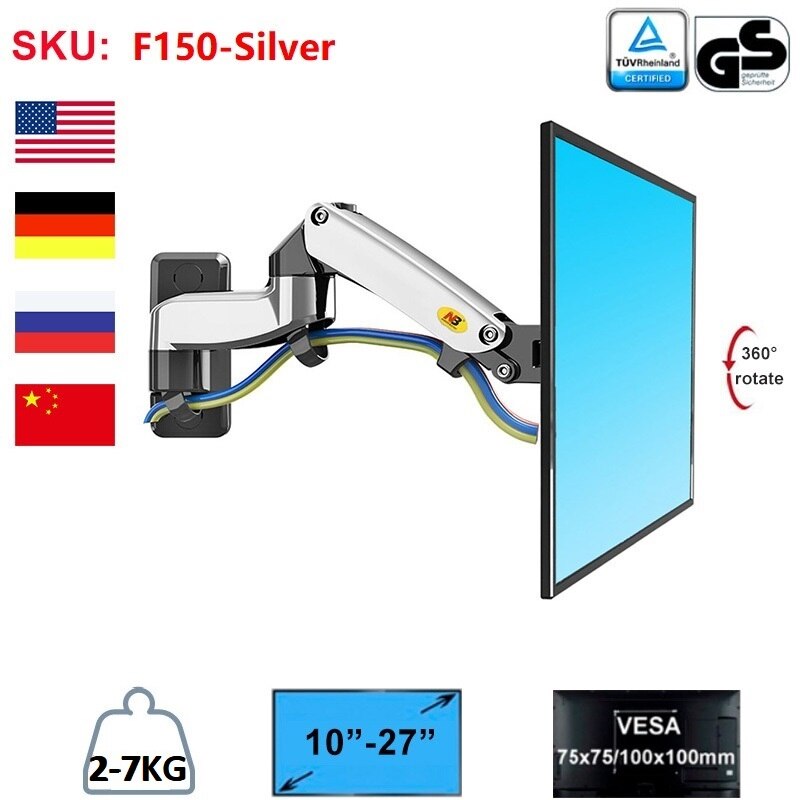 Nb-suporte de parede para monitor de movimento, 17 polegadas a 27 polegadas, monitor de lcd, com mola a gás ajustável, bayou f150: F150-Silver