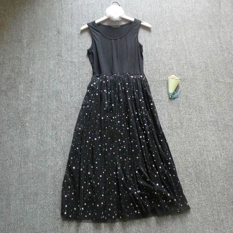 Sequined Five-pointed star yarn mesh lace slip dress modal camisole underskirt vests long sleeveless petticoat midi dress autumn