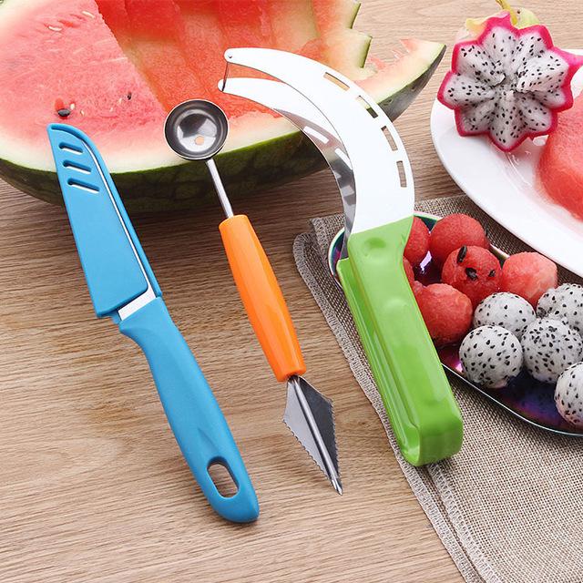 Rustfrit stål vandmelon skiver skæret corer melon ske peeler ispille maskine vegetabilsk og frugtkniv: Tredelt suite