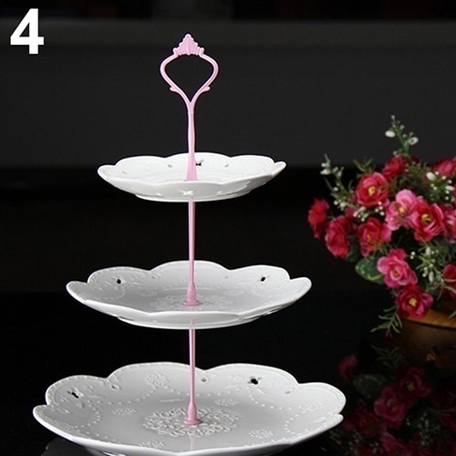 Soporte de 3 niveles con mango de soporte para bandeja de pastel, decoraciones de mesa para fiestas, postre, estante para platos, bandeja de fruta: Pink