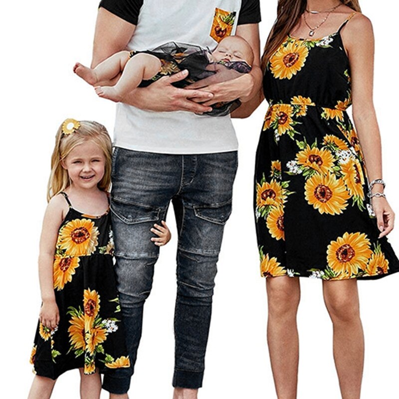 Mommy And Me Strapless Beachwear Mini Dresses Sunflower Pattern Women's Dress Mommy And Me Clothes Casual Family Matching Dress