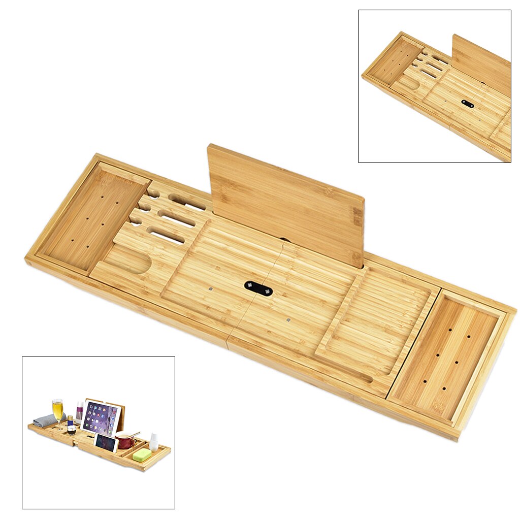 Expandable Wooden Bath Caddy Tray Wooden Tub Tray Wine Glass Holder Wooden Bathtub Bridge Shelf Organizer Tray
