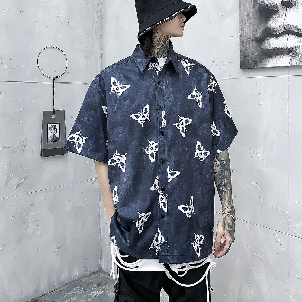 Gothic butterfly skjorte herre sommer toppe plus size herre bluse sort goth tøj oversized streetwear skjorter sommer