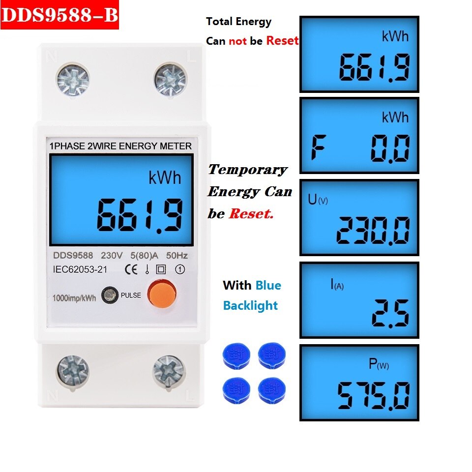 Backlight Single Phase 230V 5(80)A Digital Wattemeter Din Rail Electric KWH Power Meter Voltmeter Ammeter with Reset function