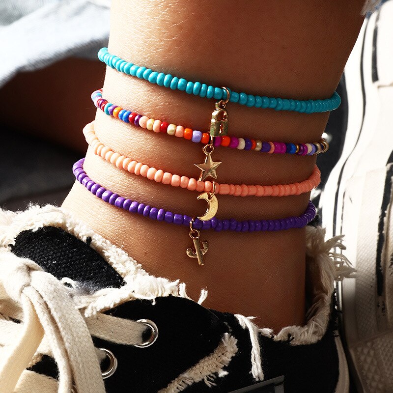 Boho Candy Beads Charm Multilayer Anklets Star Butterfly Key Pendant Handmade Foot Chain Bracelet Barefoot Beach Jewelry Bijoux: FZ0163