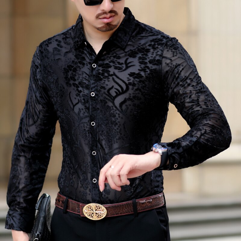 Høstens fineste floral broderi skjorte herre langermet camisa hombre knapp skjorte camicia blomst fløyels skjorte herre