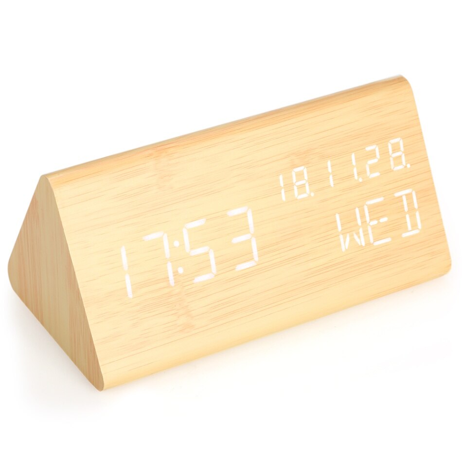 Wooden LED Alarm Clock Sound Control Digital Alarm Clock USB/Battery Powered Dimmer Thermometer Clock with 3 alarm Weekday Alarm: Natural Wood