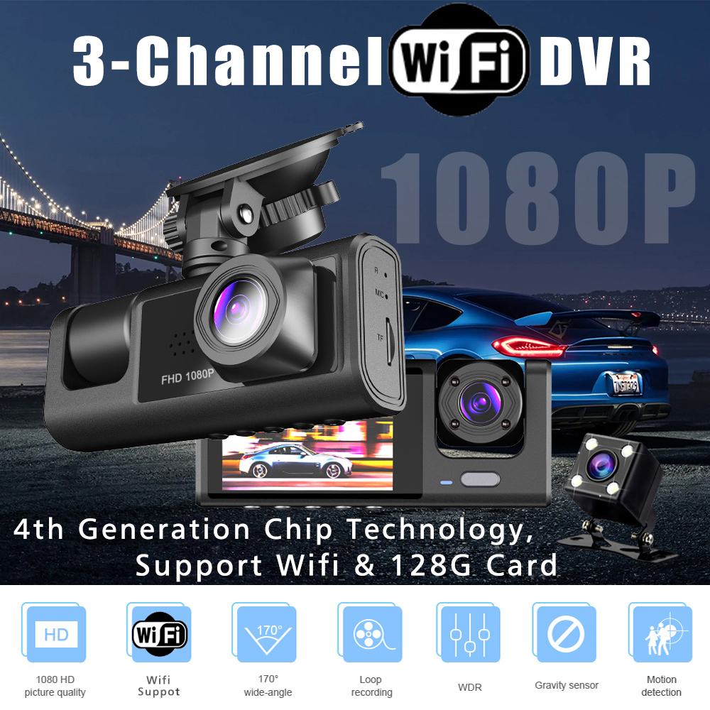 WiFi 3-Kanal-Dashcam Drei-Wege-Auto-DVR im Inneren Fahrzeugkamera-Recorder HD1080P Video Mini Registrator Kabine Dashcam Camcorder