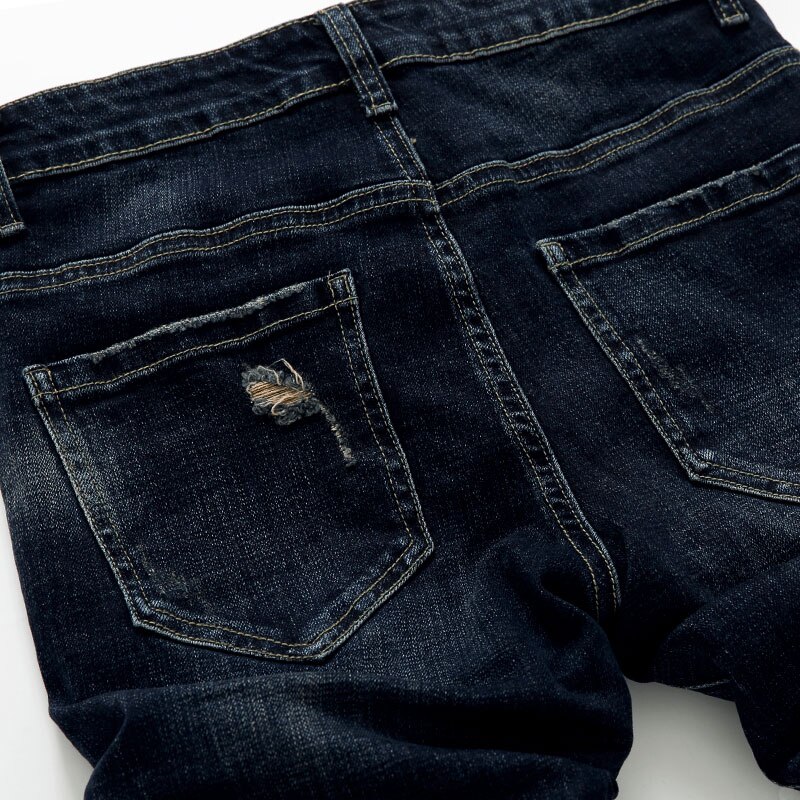 Streetwear Mens Rivet Black Destroyed Ripped Jeans Elastic Skinny Jeans Men Denim Pants Slim Fit Hip Hop Nightclub Jeans