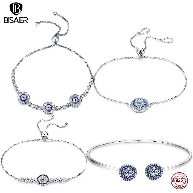 Pulseira bisaer 925 sterling silver lucky blue eye god& #39 ;s eye women tennis bracelets femme sterling silver jewelry ecb 002