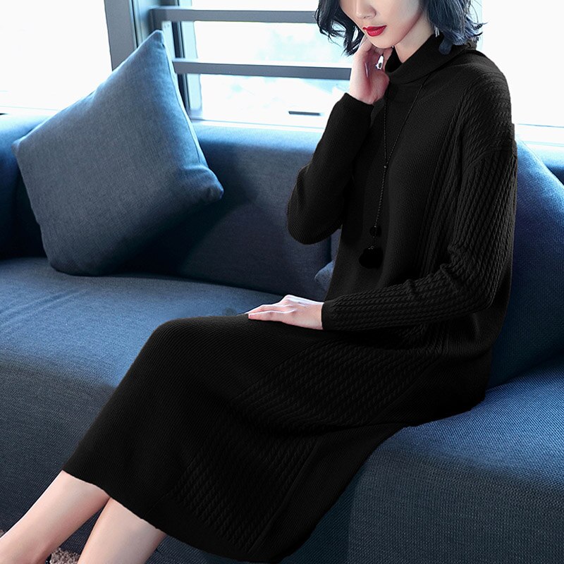 Nice-forever Classic Solid color Long Sleeve Straight Knit vestidos Office Women Winter Sweater Dress TM029: Black / XL