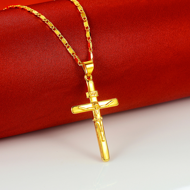 Collier couleur or 24 carats, pendentif croix, pour femmes/hommes, collier de Couple, bijoux