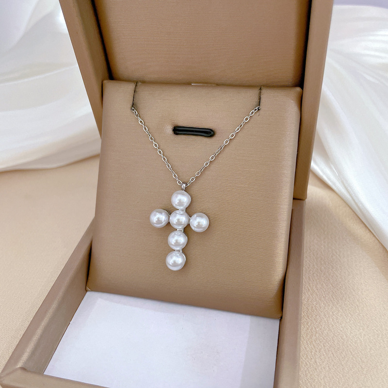 Klassieke Persoonlijkheid Romantische Witte Parel Kruis Ketting Prachtige Christelijke Roestvrijstalen Sleutelbeen Ketting Hanger