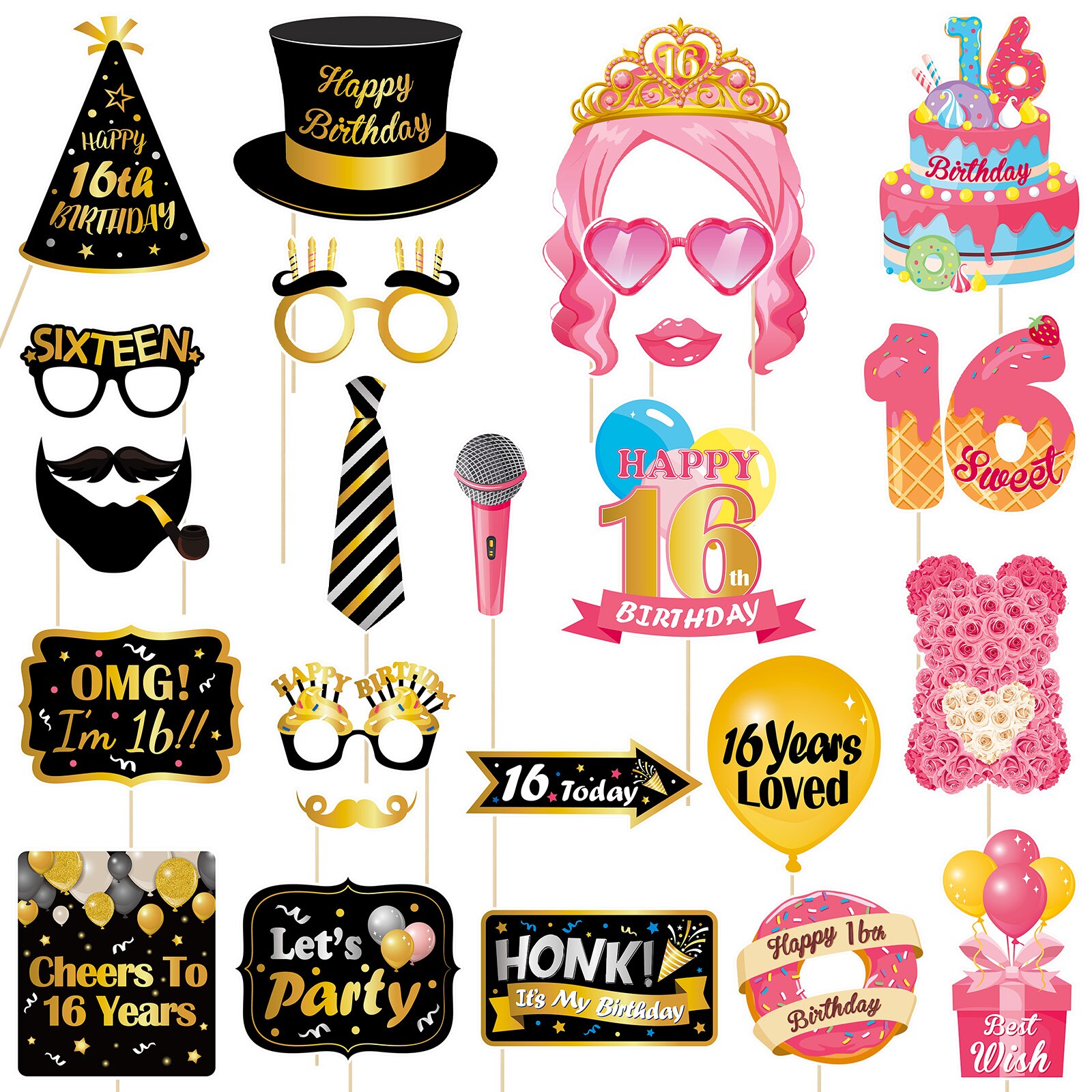 Abaodam 24pcs Selfie Props Handheld Photo Booth Props Pre-glued with Sticks Party Props for Sixteenth Birthday Party: Default Title