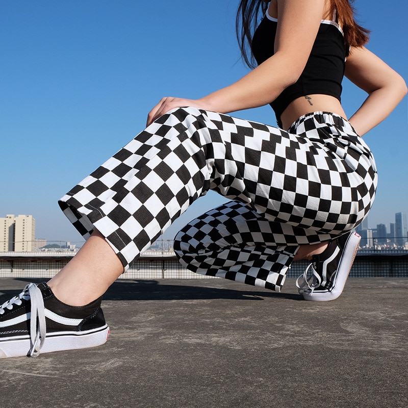 Zwart en Wit Geruite Broek Womens Hoge Taille Geruite Rechte Broek Casual Losse Mode Broek Pantalon Femme Joggingbroek